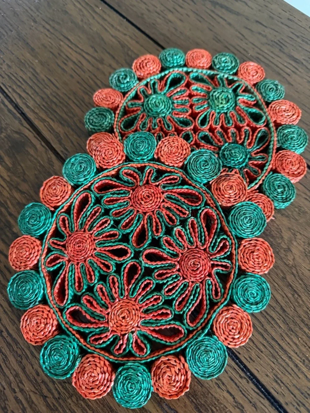 Vintage Woven Raffia Hot Pad Pot Holder Trivet Flower Set Of 2